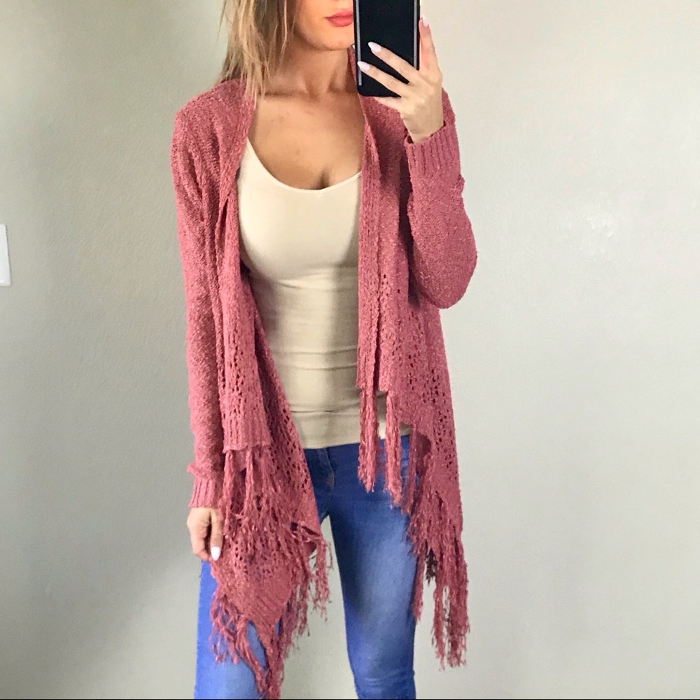 -Dusty Rose Knit Fringe Cardigan-